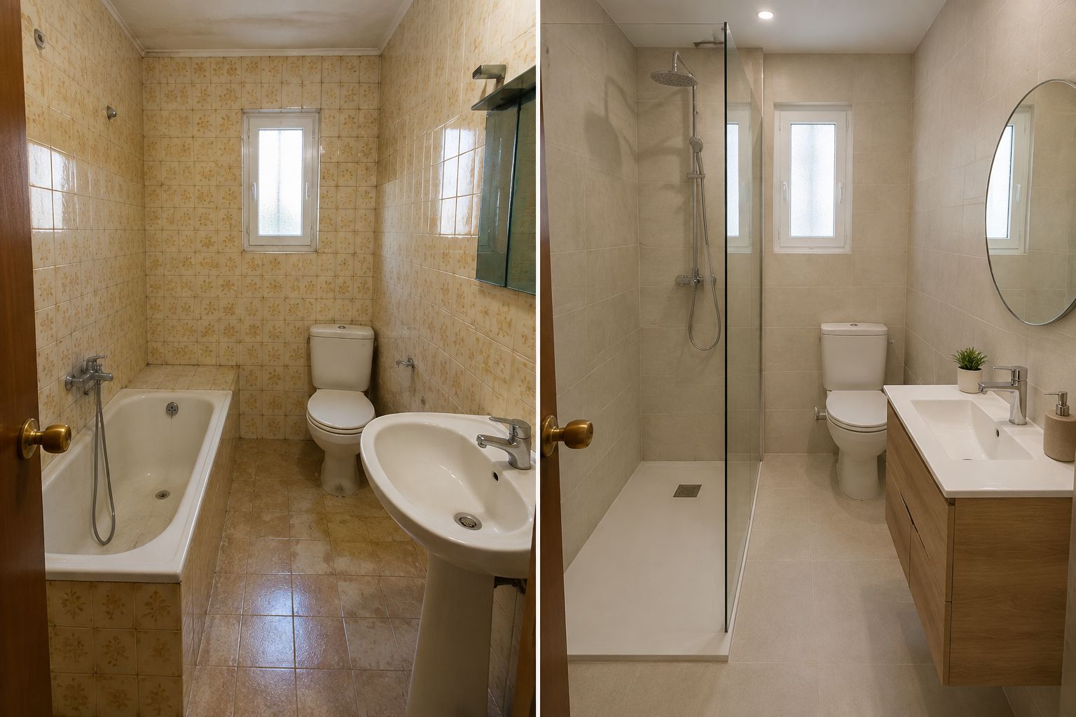 Recreación con IA del mismo baño desde ángulos ligeramente distintos: a la izquierda, bañera y azulejos antiguos; a la derecha, ducha con mampara, lavabo con mueble y revestimientos nuevos. No es una obra real de Iván.